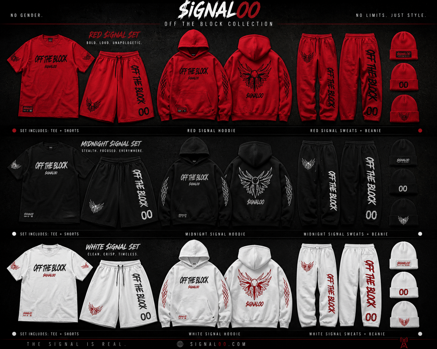 SIGNAL 00 Off the Block collection lookbook: red, midnight and white sets, hoodies, sweats and beanies