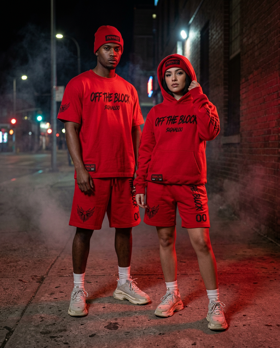Male and female models wearing the Red Signal tee, shorts and hoodie at night