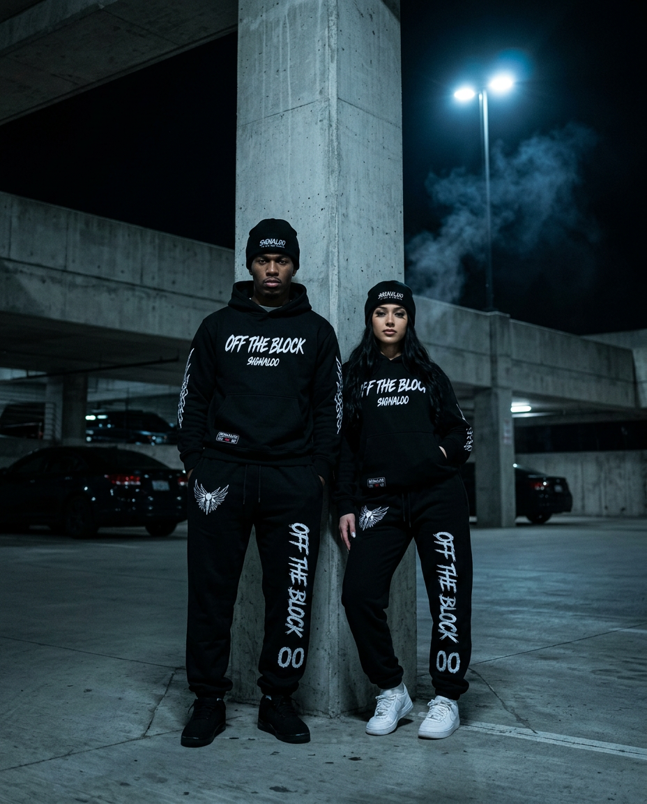 Male and female models wearing the Midnight Signal hoodie, sweatpants and beanie