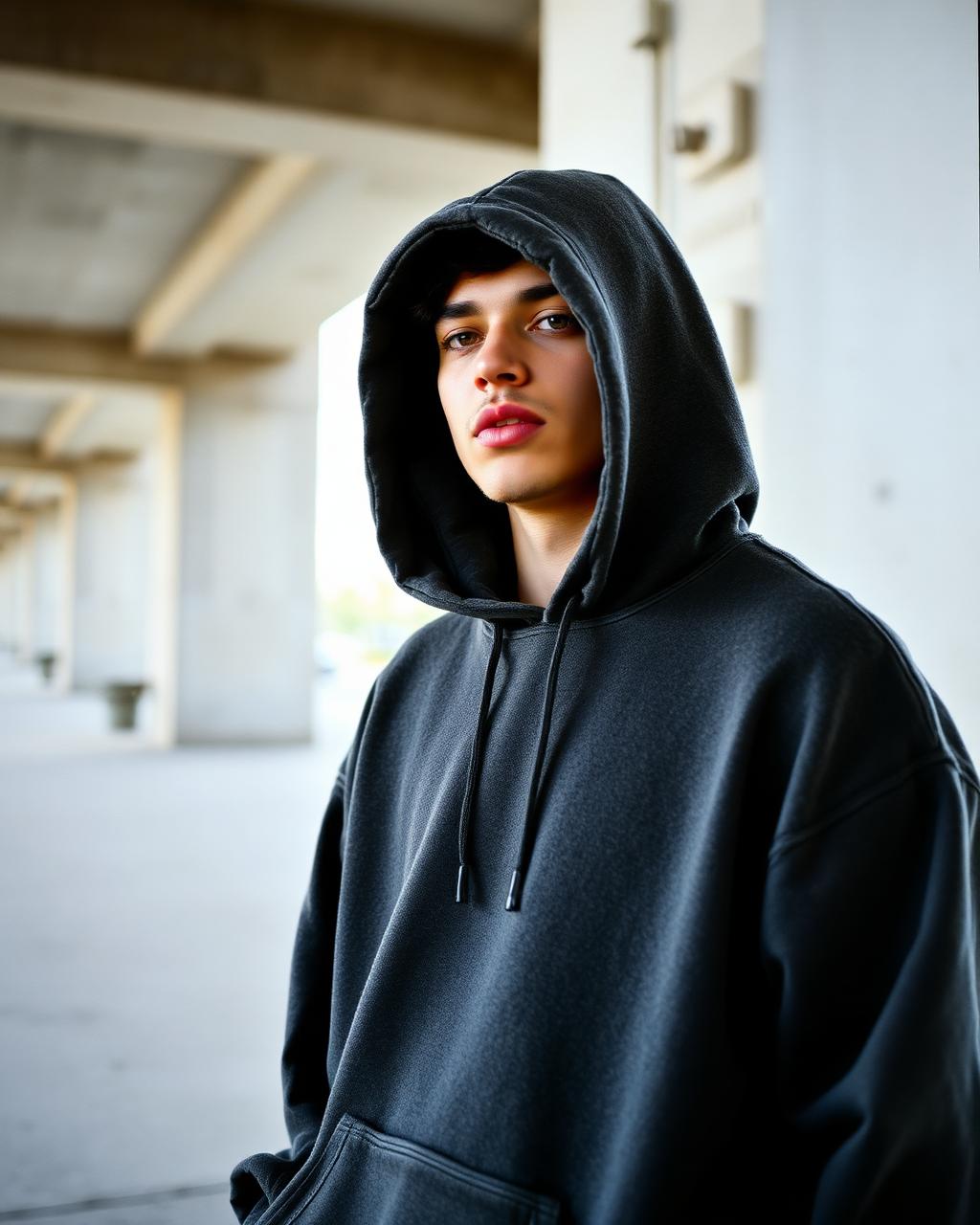 Model wearing charcoal hoodie