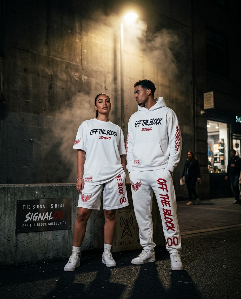 Male and female models wearing the White Signal hoodie and sweatpants