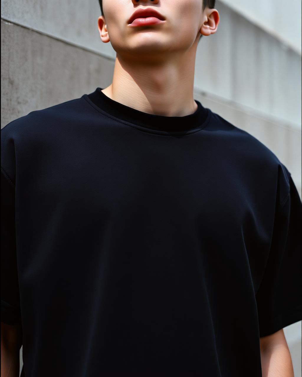 Model wearing black heavyweight tee