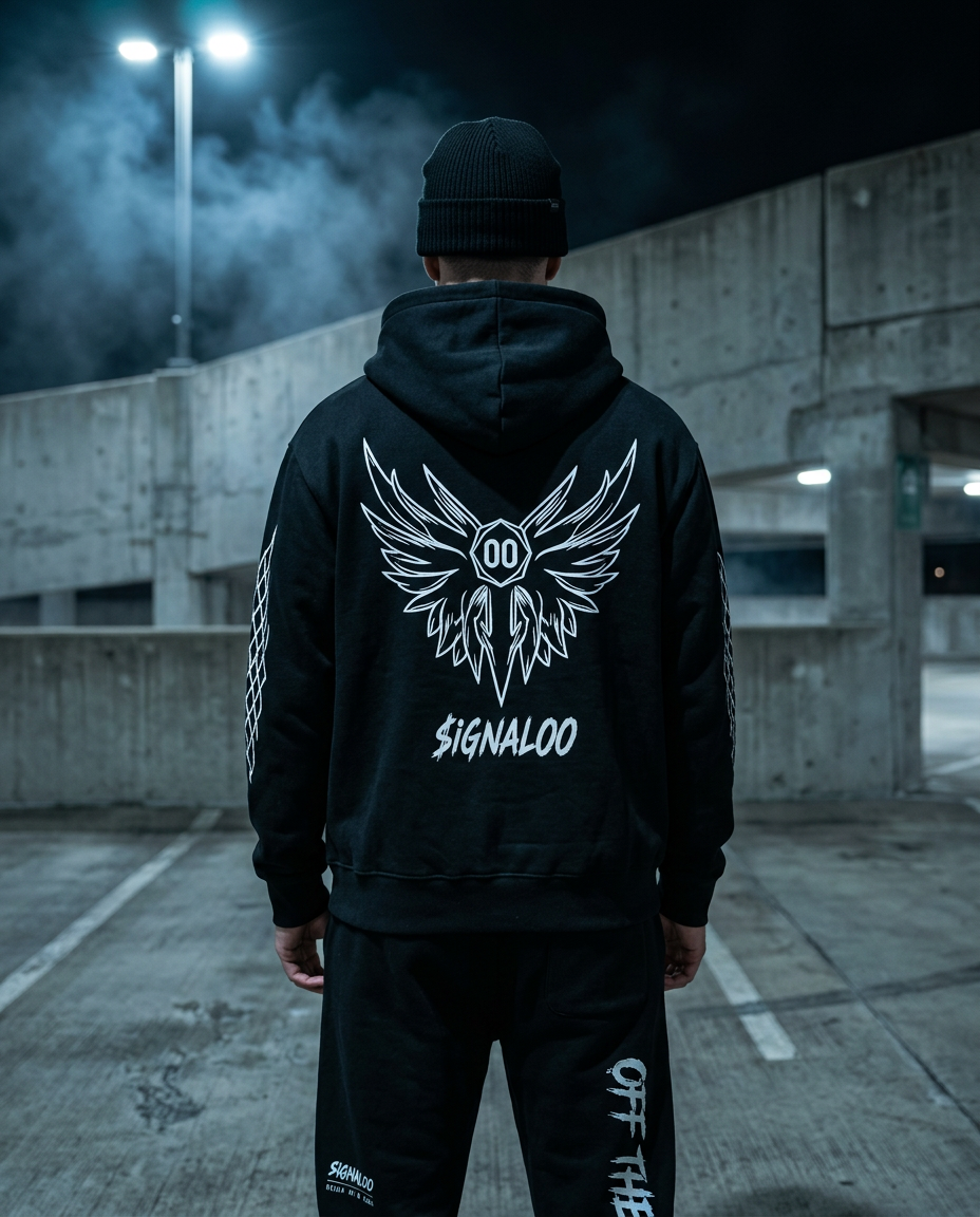 Male model wearing the Midnight Signal hoodie, sweatpants and SIGNAL00 beanie